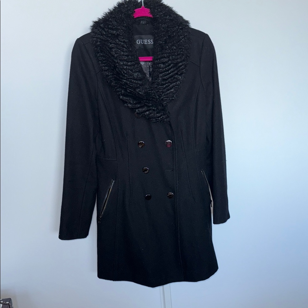 Guess Black Peacoat with Faux Fur Collar with leather gloves